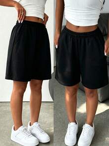 Girls' Summer Lightweight Knitted 5-Inch Shorts, Loose Casual Side Pocket Sports Pants, Versatile Everyday Outdoor Style - Black - View 1