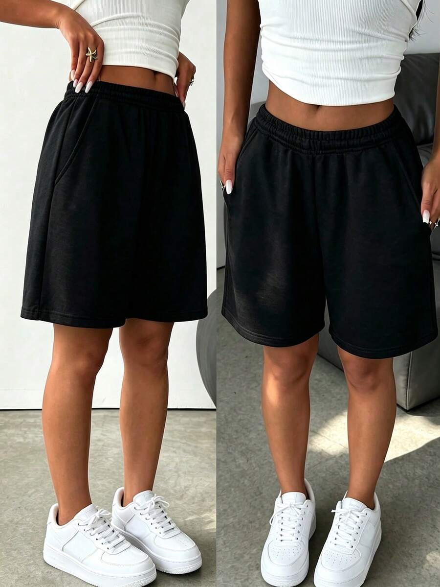 Girls' Summer Lightweight Knitted 5-Inch Shorts, Loose Casual Side Pocket Sports Pants, Versatile Everyday Outdoor Style - Black - View 1