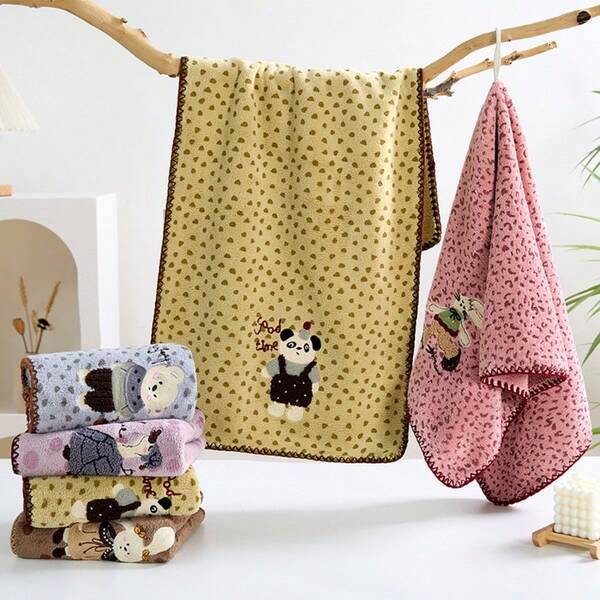 1pc/5pcs Approx. 14*29inch/28*55inch Thickened Coral Fleece Edged Polka Dot Print Cartoon Embroidery Soft Skin-Friendly Super Absorbent Face Towel, Quick Dry, Bath, Hair Drying, Hair Wrapping, SPA, Swimming, Gym, Makeup Removal, Ideal Bathroom Supplies