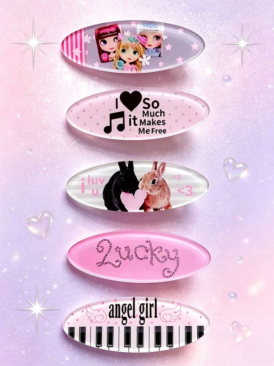 5pcs Japanese Vintage Sweet Style Pink Piano Note Side Hair Clips Lucky Girl Versatile Bangs Hair Accessory (Protective Film On Product Surface) - Multicolor - View 1