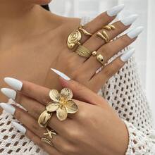 Set Cincin Terbuka Geometris Motif Bunga Kerang Bintang Laut Gaya Laut Vintage 8 Buah, Dapat Ditumpuk, Warna Emas, Berbagai Bentuk Cincin - Emas - View 4
