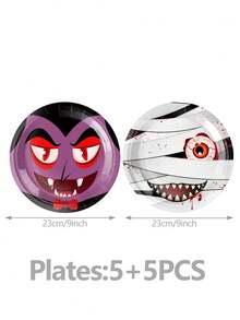 10pcs Halloween Ghosts And Goblins Combo Theme Cartoon Party Tableware Birthday Party Tableware Disposable Paper Plates Paper Cups Paper Towels Halloween Ghosts And Goblins Combo - Multicolor - View 3
