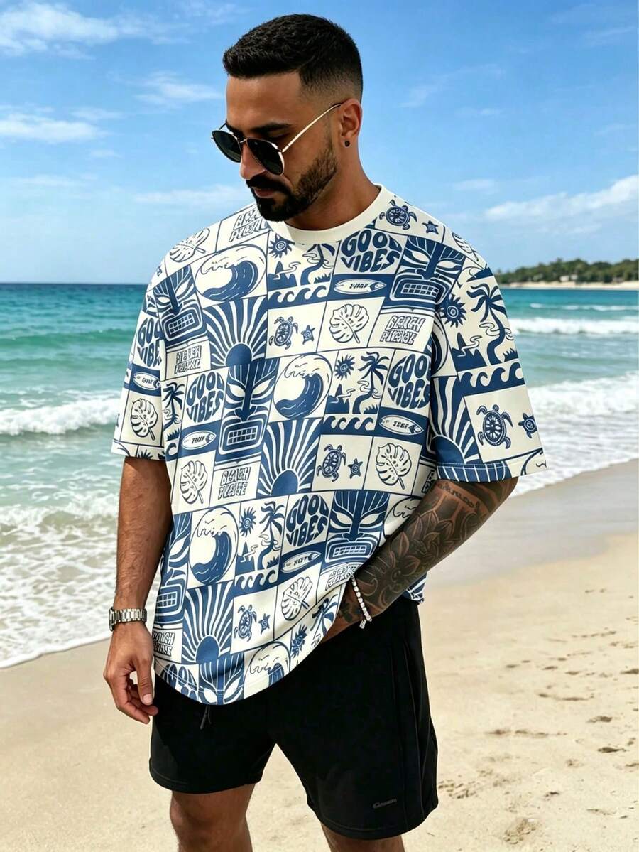 Men's Round Neck Digital Print Short Sleeve T-Shirt - Multicolor - View 1