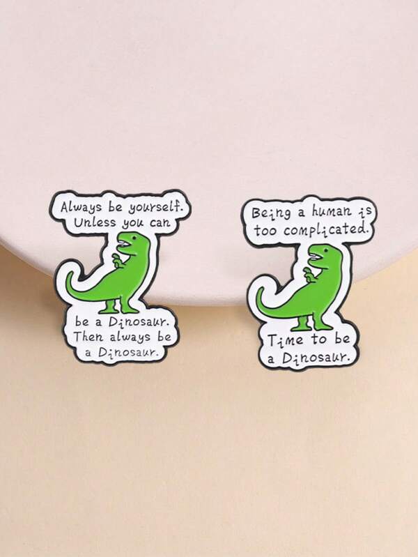 2Pcs Be A Dinosaur Enamel Brooch Set Funny Relax Anti-Social Slogan Cartoon Metal Pin For Backpack Jacket