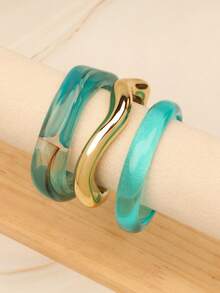 3pcs Bold Asymmetric Green Acrylic Bracelets, Suitable For Women, Decorated With Gold CCB Round Accents, Perfect For Casual Daily Wear - Baby Blue - View 3