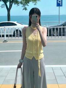 RUIWY Elegant Women's Sleeveless Knit Vest, V-Neck Design, Colorblock Lace Accents, Regular Fit Fall Yellow - Yellow - View 4
