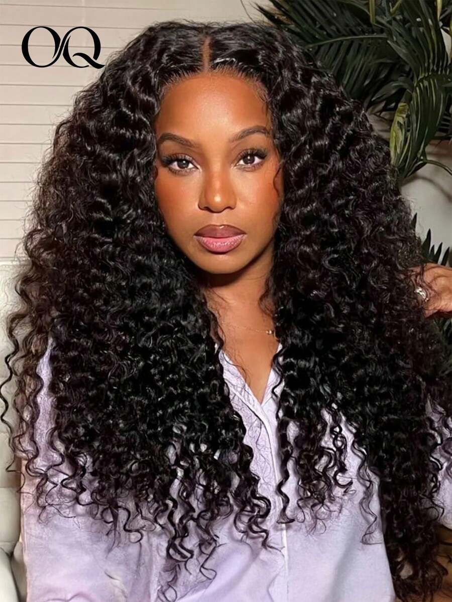 OQ Hair Deep Wave Curly Human Hair Wear And Go Glueless Wig 14-20 Inch 180% Density 4x4 Transparent Lace Natural Black Pre-Cut And Pre-Plucked Hairline Glueless Wig Soft Texture Gifts For Women - S1 - View 1