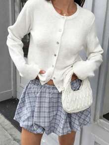 Plus Size Women's Spring/Autumn/Winter New White Round Neck Single-Breasted Knit Cardigan, Casual Y2K Style, Suitable For Daily Commute Wear - White - View 2