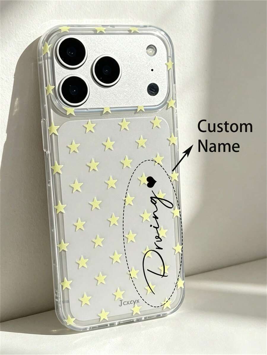 [Customized] Personalized Letter Engraving Minimalist Transparent Star Pattern Phone Case Compatible With IPhone 17 Pro Max 17 16 15 14 13 12 Pro Max 14 15 16 Plus Shockproof Protective Shell - Clear - View 1