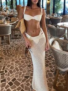 Women's Summer Beach Vacation Knit Cover-Up Skirt, Versatile Casual Chic - Apricot - View 2
