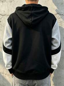 HEYKESON Men's Hooded Zip-Up Jacket, Colorblock Patchwork Drawstring Hooded Long Sleeve Casual Open Front Sweatshirt - Black - View 6
