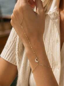 FAAABULS 1pc Gold Bohemian Style Star & Moon Finger Bracelet, Minimalist Exquisite Sparkling Summer Accessory Women's Hand Jewelry - Gold - View 1