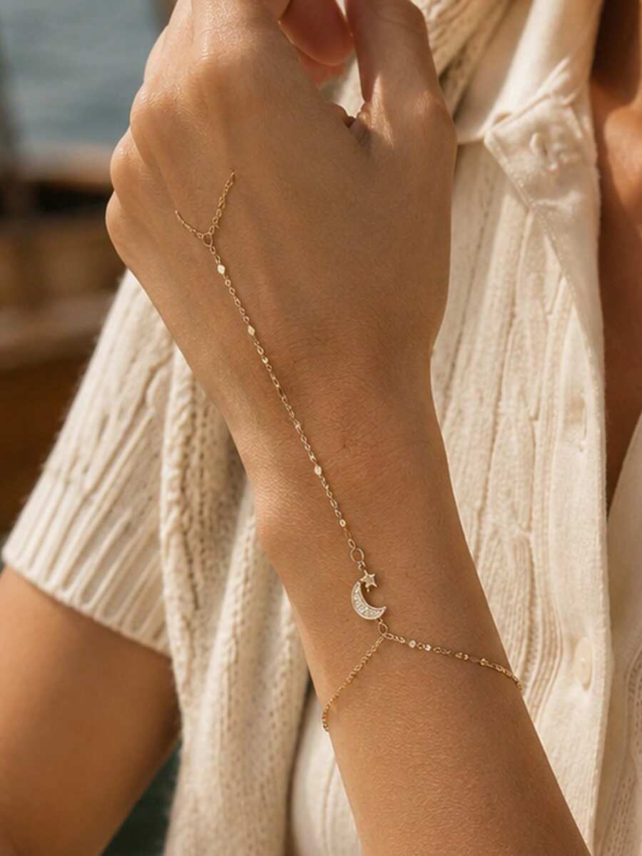 FAAABULS 1pc Gold Bohemian Style Star & Moon Finger Bracelet, Minimalist Exquisite Sparkling Summer Accessory Women's Hand Jewelry - Gold - View 1
