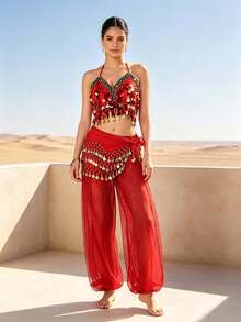 Professional Belly Dance Coin Fringe Halter Crop Top With Waist Scarf, Elastic Waist Dot Mesh Harem Pants For Dance Training, Stage Shows And Competitions - Multicolor - View 22