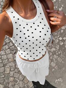 Mystra Summer Minimalist Retro Solid Color Ribbed Versatile Premium Casual U-Neck Tank Top - Black and White Dots - View 8