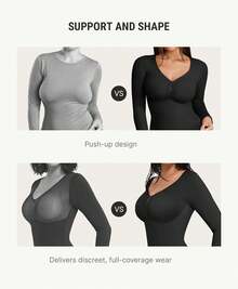 FeelinGirl Women's Long Sleeve Shapewear Bodysuit For Tummy Control Seamless Body Suits Thong V Neck Going Out Tops - Black - View 5