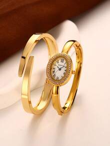 2pcs/Set Women's Watch Set, Elegant Casual Minimalist Fashion Wristwatch Set Suitable For Daily And Formal Occasions - Gold - View 16