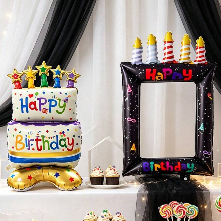 2件組黑色生日相框與雙層蛋糕箔氣球套組，生日自拍相框，聚酯薄膜氣球附蠟燭與星星裝飾，生日派對拍照亭道具，黑色相框蛋糕箔氣球生日裝飾用品 - 黑色相框+站立星星蛋糕 - 查看 1