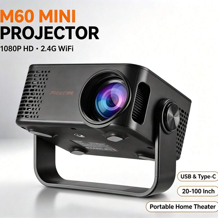 Proyector Mini M60, Compatible con Resolución 1080P con WiFi 2.4G. Equipado con Puertos USB & Tipo-C, Proyector de Cine en Casa Portátil, Tamaño de Proyección Rango de 20 a 100 Pulgadas.