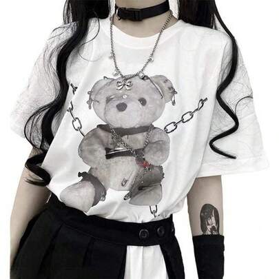 ゆったり Tシャツレディース 半袖 量産型?地雷系 韓国ファッション くま プリント 夏 病みかわいい 服 原宿系 カットソーかっこいい