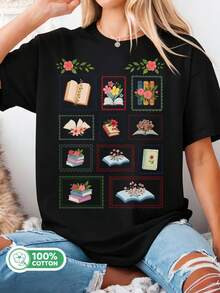 Book Lover Stamp Theme T-Shirt, Floral Library Theme T-Shirt, Good Day For Reading, Summer Librarian Booktrovert, Floral Stamp.. - 黑色 - 查看 1