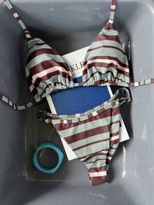 夏季女款綠色、棕色與白色橫條紋比基尼兩件套，海灘度假派對時尚優雅休閒泳衣套裝 - 彩色 - 查看 3