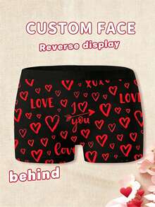 Men's Customized Square Boxer Briefs, Black Base With Red Heart And "I Love You" Arrow Print, Customized Couple Face Pattern, Soft Breathable Elastic Cotton Fabric - Multicolor - View 2