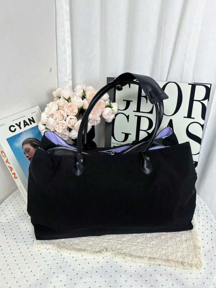 Temporada de Regreso a Clases Estilo Coreano Diseño de Nicho Minimalista Bolsa Tote Negro & Púrpura, Bolsa de Hombro Versátil de Gran Capacidad con Sensación Premium para Mujeres, Viajes, Trabajo, Desplazamiento, Bolsa Grande con Múltiples Compartimentos - Negro - Añade 3