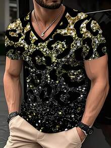 男士黑色與金色亮面豹紋V領休閒短袖T恤 - 彩色 - 查看 1