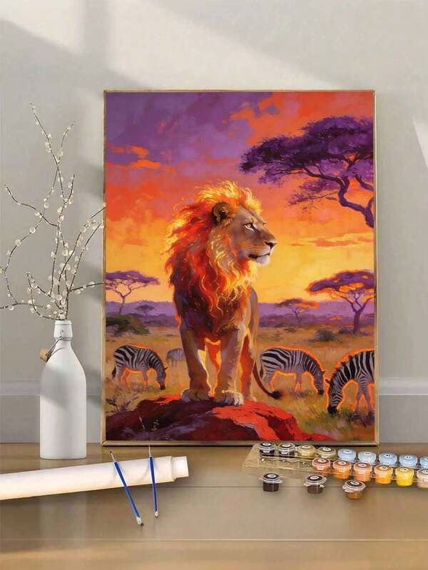 Sunset Lion DIY Oil Painting By Numbers African Savanna Zebra Wildlife Painting Canvas Crafts Adult Home Decoration 8x12/16x20inch Holiday Gifts Frameless