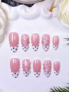 10 Peças Unhas Postiças em Formato de Amêndoa Feitas à Mão, Estilo Francês Branco com Bolinhas Pretas e Design Esculpido 3D, Base Nude Pintada à Mão com Pontas Francesas Brancas e Bolinhas Pretas, Decorada com Escultura de Flor de Três Pétalas 3D Feita à Mão - Multicolorido - Visão 12