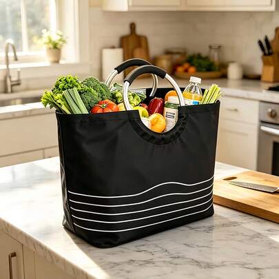Foldable Large Capacity Shopping Tote Bag, Multi-Functional Food Storage & Carrying Bag, Suitable For Travel & Takeout, Reusable Supermarket Retail Grocery Storage Basket
