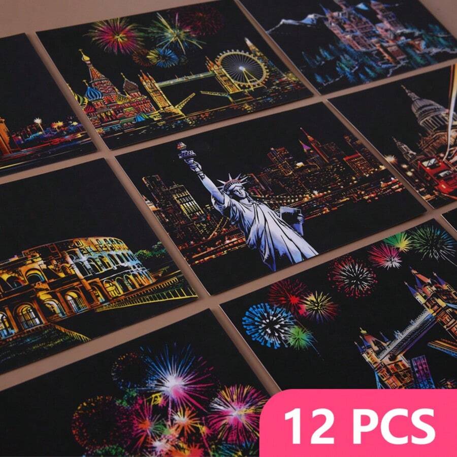 12 Pcs Scratch Postcard, World Famous City Night Scene Scratch Drawing For Teens & Adults, Includes 12 Pre-Printed Cityscape Designs & 12 Scratching Pen, Stress Relief & Screen-Free Activity, Perfect Unique Gift For Men, Women, Christmas, Birthday - 12-piece Scratch Paper Set - View 1