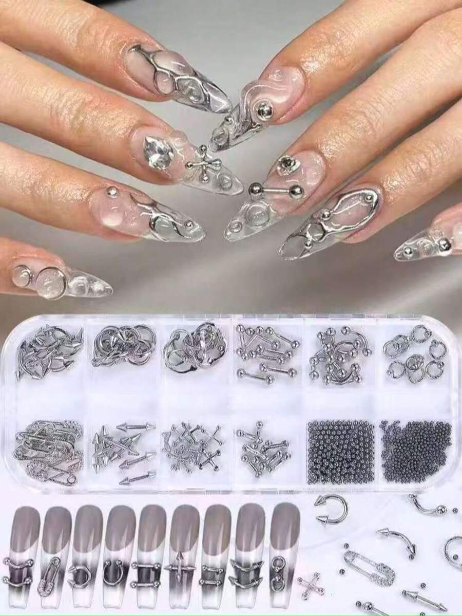 6-Grid Y2K Punk Style Alloy Nail Art Decorations, Silver Metal Gothic Rock Style Cross & Mixed Size Steel Beads DIY Nail Art Accessories, Handmade Nail Salon Supplies, Nail Rhinestones - Silver - View 1