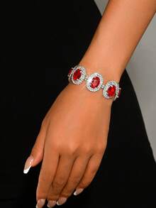 1 pieza Pulsera de cadena con strass rojo ovalado, accesorio para boda de verano, banquete, baile y aniversario - Rojo - Ver 6