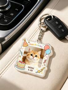 Customized Pet Birthday Photo Keychain, Editable Name And Date Birthday Frame Acrylic Pendant, Cute Commemorative Gift For Cat And Dog Owners - Multicolor - View 2