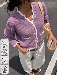 Preppy White Contrast Trim Knit Cardigan, V-Neck Heart Button Patch Pocket Cropped Jacket, Autumn Thanksgiving Streetwear - Purple - View 3