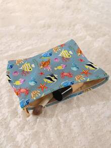 1pc Portable Cosmetic Storage Bag Turtle Shell Ocean Element Pattern Double-Sided Print Travel Zipper Makeup Bag Multi-Function Toiletries Organizer - Multicolor - View 4