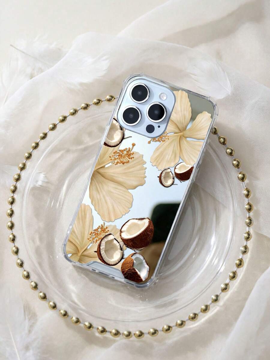 復古米色扶桑花與椰子元素鏡面手機殼,適用於 iPhone 13 15 16 17pro 17 14 17 17pro Max 15Pro 14Pro,亦適用於 Galaxy/A54 A14 A15 S23 S24 S24ultra S25 A07 A17 S26 A57,高級透明硬殼,西式夏季海灘系列 - 彩色 - 查看 1
