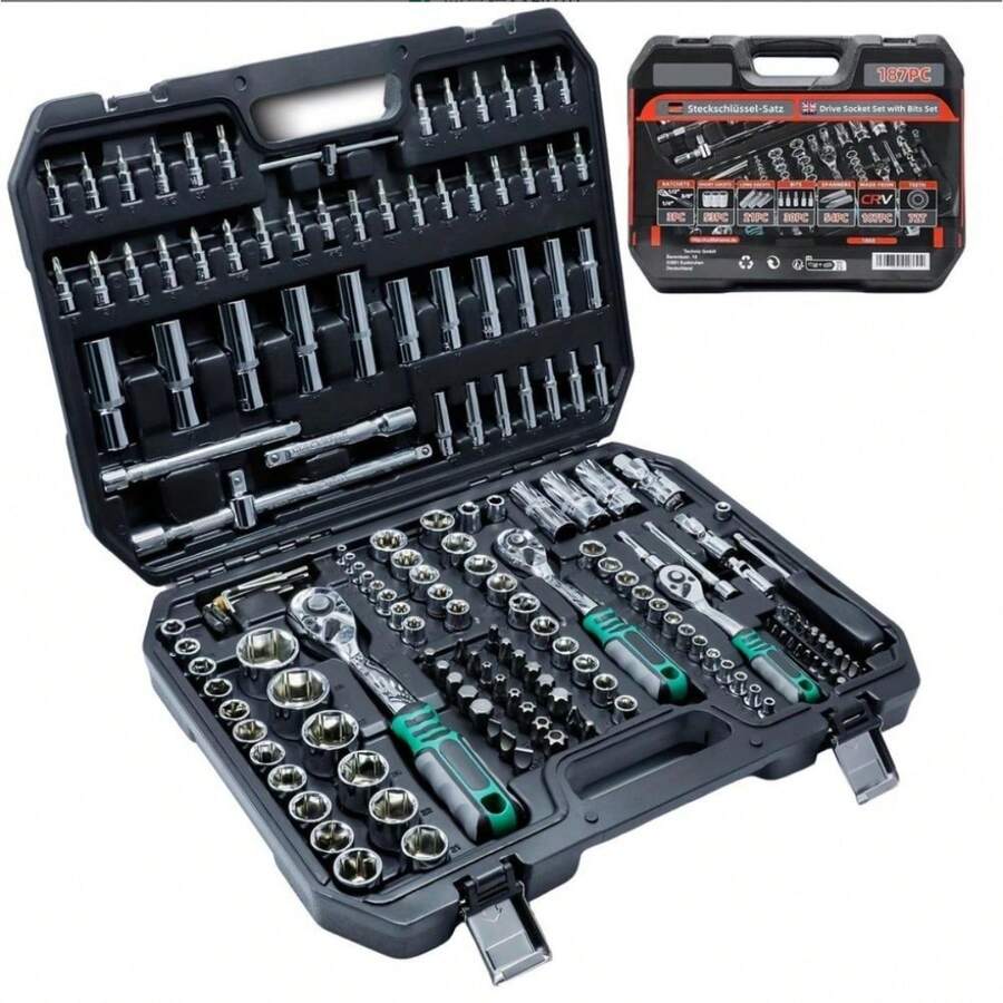 115/46件組汽車維修工具組-專業機械師手工具,包含1/4"驅動棘輪扳手、套筒與六角批頭,適用於車輛保養與居家使用 - 查看 1