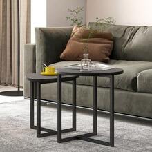 Set Of 2 Round Coffee Tables – Industrial Design Wooden Side Tables For Living Room, Modern Coffee Table - 黑色 - 查看 2