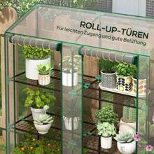 Mini Greenhouse, 3 Levels, 6 Wire Shelves, 2 Openings, Plastic Cover, Transparent - Green - View 6