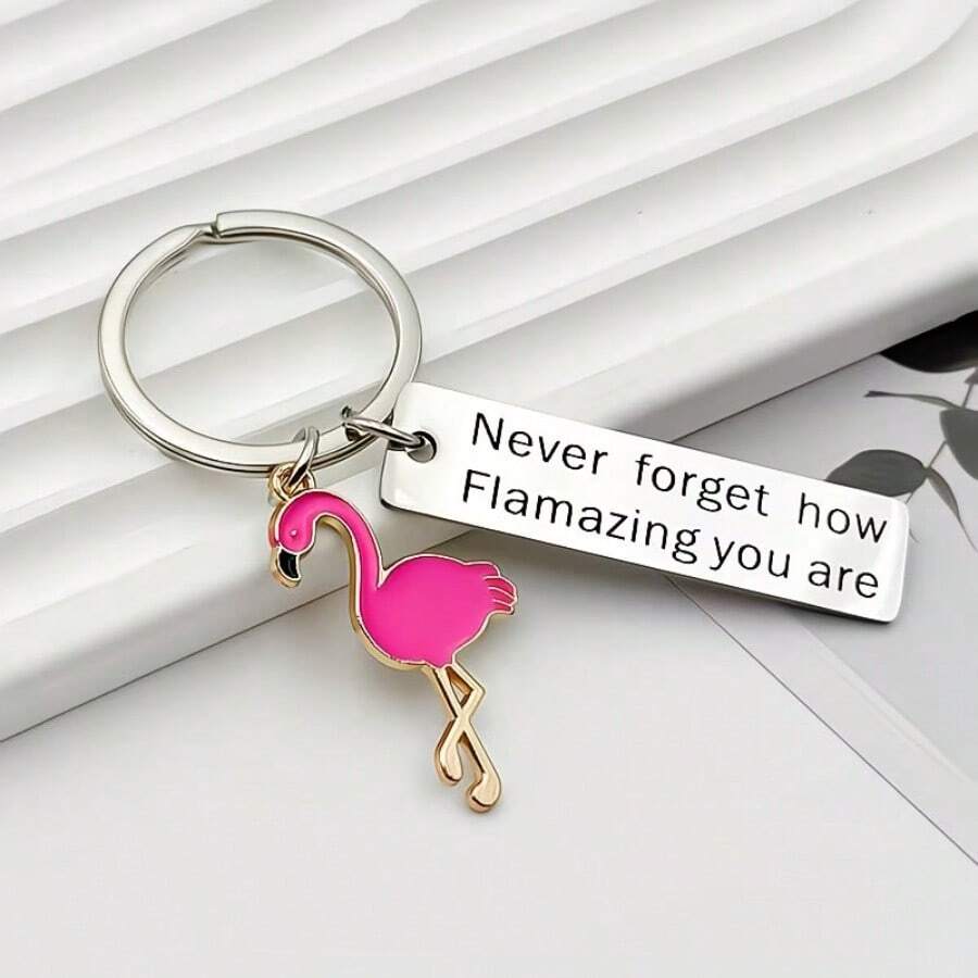 1pc Inspirational Flamingo Stainless Steel Keychain, Creative Gift Pendant, Graduation Gift, Workplace Encouragement, Bag Charm, Car Hanging Decoration, Key Ring - Multicolor - View 1
