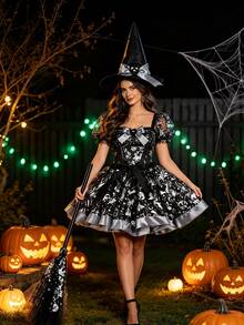Juego de 3 piezas de disfraz de bruja de calabaza plateada de Halloween, incluye falda de malla estampada + escoba de bruja + sombrero puntiagudo, conjunto de vestido de pequeña bruja, adecuado para eventos de Halloween, fiestas temáticas, bailes de disfraces, actuaciones en el escenario, juegos de rol y disfraces - multicolor - Ver 2