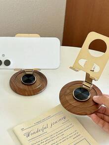360° Rotating Wooden Base Phone Stand, Adjustable Folding Metal Desktop Phone Holder, Universal Slouchy Bracket For Smartphones And Tablets, Luxury Gold, Suitable For Live Streaming, Office, Home Use, Portable Phone Accessory Gift - Multicolor - View 2