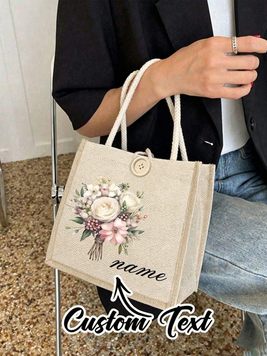 1件可客製化托特包,個性化亞麻帆布手提包,可自訂姓名與印花圖案,鈕扣裝飾手提包 - 彩色 - 查看 1