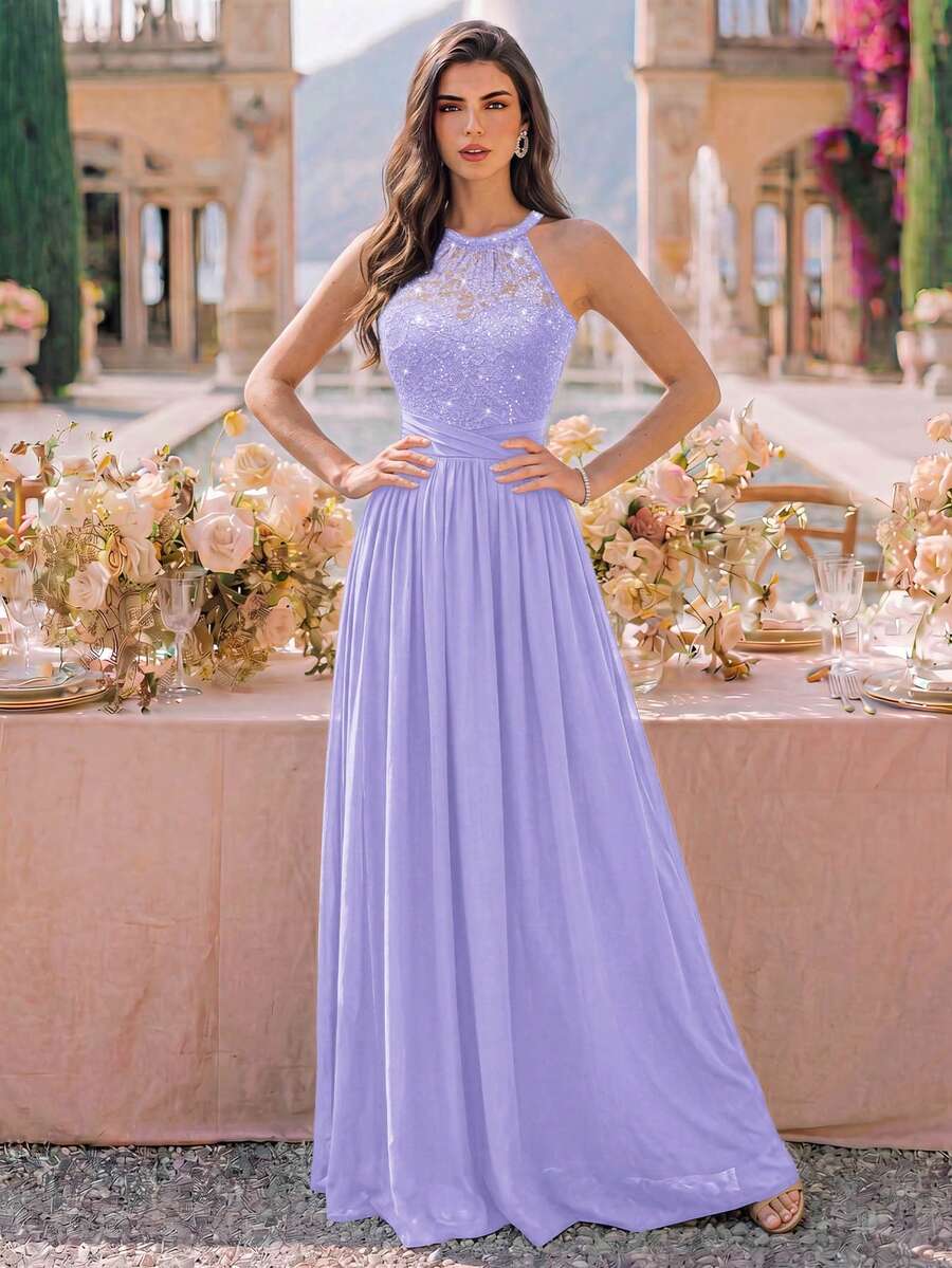 MIUSOL Sequin Floral Lace Halter Neck Sleeveless Ruched Chiffon Formal Party Maxi Dress, Formal Evening Gown Fall Wedding - Mauve Purple - View 1