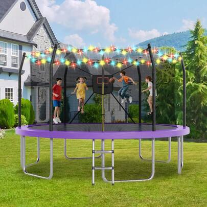 Young Generation / No Import Fees: 14FT Large Trampoline, Outdoor Entertainment Circular Trampoline, Curved Rod, And Ladder, Outdoor Parties, Enjoy Fun And  Outdoor Amusement Facilities At Night