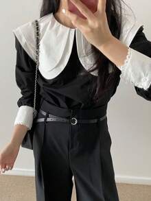 Korean Style Versatile Colorblock Double Layer Collar Pullover Shirt - Black - View 4