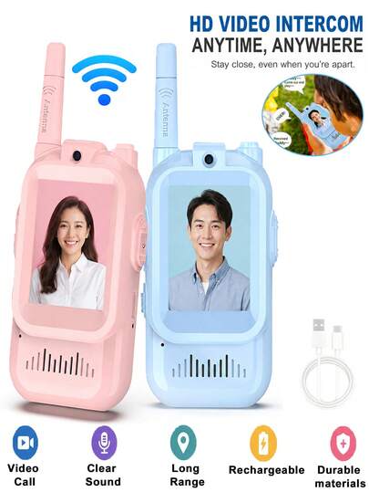 2pcs Video Walkie Talkies, Long Range Kids Walkie Talkies, Handheld Mini Wireless Walkie Talkies With Built-In Camera, USB Powered Rechargeable Video Call, Suitable For Indoor, Camping, Hiking, Outdoor Activities, Christmas Birthday Gift, (Blue/Pink) 600mAh